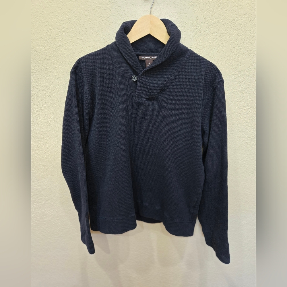Michael Kors Sweater Men's Medium Black Knit Ribbed Shawl Neck Collar